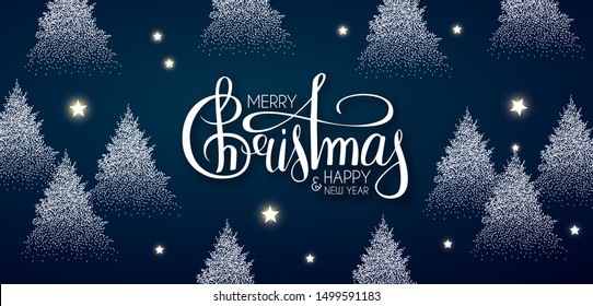 Merry Christmas and Happy new Year! Holiday backgdound with winter forest, snow, stars and frost texture. Christmas fir tree.