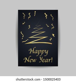 Merry Christmas and Happy new year 2020 greetings cards. Minimalism vector illustration creative golden design. For celebrating, invitation, party with text and zigzag x-mas tree