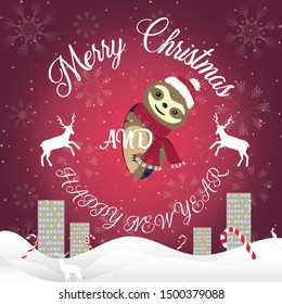 Merry Christmas and happy new year with falling snow, snowflake. Hand drawn deer and rabbit cartoon cute lazy sloth get out with congratulations. Funny vector illustrations. Xmas card poster wallpaper