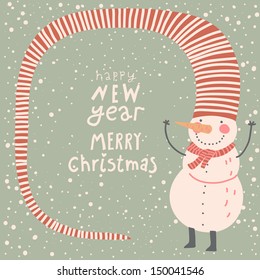 Merry Christmas and a Happy New Year cartoon card in vector. Childish background with funny snowman 