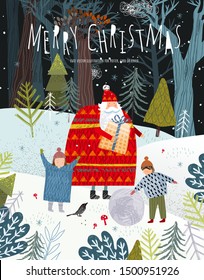 Merry Christmas and Happy New Year! Family with santa claus with a gift in the forest on the nature rejoice in winter. Vector cute holiday illustration for background, card or poster.
 
