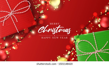 Merry Christmas and Happy New Year banner. Holiday background with realistic gift boxes, sparkling light garlands, Christmas balls and golden confetti. Festive vector illustration.