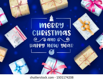 Merry Christmas and Happy New Year Greeting Card or Banner with Creative Typography and Colorful Wrapped Gift Boxes on Blue Blurred Background. Present Postcard. Realistic 3d Vector Illustration