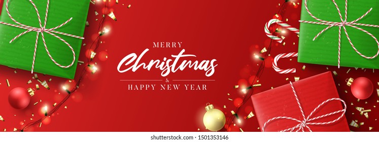 Merry Christmas and Happy New Year horizontal banner. Holiday background with realistic gift boxes, sparkling light garlands, Christmas balls and golden confetti. Festive vector illustration.