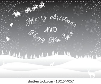 Merry Christmas and happy new year with falling snow, snowflake. Hand drawn deer and rabbit flying santa claus gift bags. Funny vector black white illustrations. Xmas monochrome poster, card wallpaper