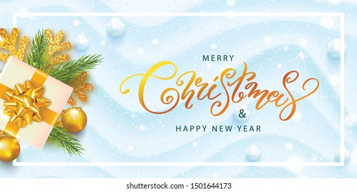 Merry Christmas and Happy New Year horizontal banner. Holiday background with gift boxes, shiny Golden snowflake, spruce twigs, Christmas balls and snowballs. Festive vector illustration.