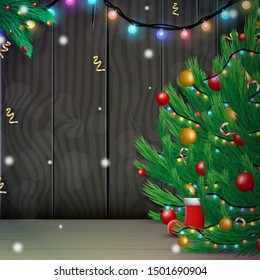 Merry Christmas and Happy New Year with Christmas tree and sparkling lights garland on wood background. Vector illustration