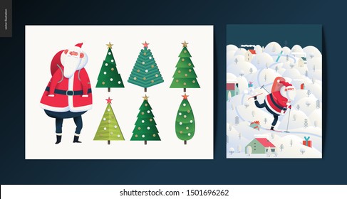 Merry Christmas and Happy New Year greeting cards set - modern flat vector concept illustrations of Santa Claus and Winter Holiday decoration and golden elements, snow and stars