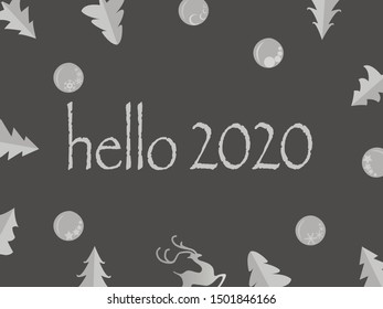 Merry Christmas and happy new year Postcard with holiday elements(deer, xmas tree, another decoration). Vector illustration perfect for greetings card