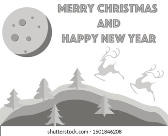 Merry Christmas and happy new year Postcard with holiday elements(deer, xmas tree, moon, another decoration). Vector illustration perfect for greetings card