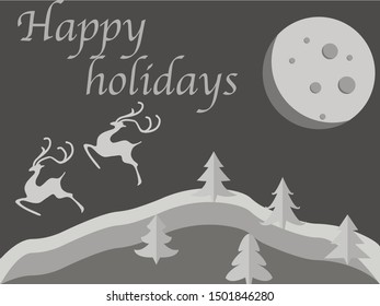 Merry Christmas and happy new year Postcard with holiday elements(deer, xmas tree, moon, another decoration). Vector illustration perfect for greetings card