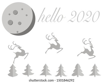 Merry Christmas and happy new year Postcard with holiday elements(deer, xmas tree, moon, 
another decoration). Vector illustration perfect for greetings card