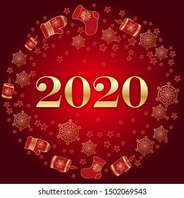 Merry christmas and happy new year vector. Composition of golden text, toys, snowflakes. 2020. For banner, poster or postcard. Sock, mittens, candle. Items in a circle.