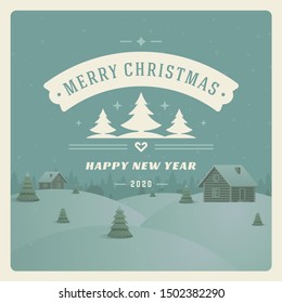 Merry christmas and happy new year text greeting card vintage typographic design, ornate decoration with village, winter holidays wish, ornament and frame. Vector illustration.