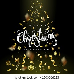 Merry Christmas and Happy New Year Typography Creative Background with Golden Flying Confetti. Vector illustration.