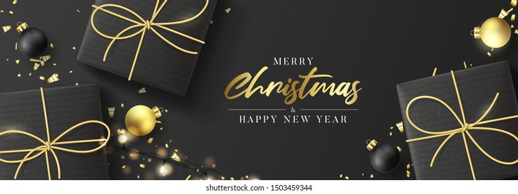 Merry Christmas and Happy New Year background. Holiday banner with realistic black gift boxes, sparkling light garlands. Festive vector illustration with Christmas balls and golden confetti.