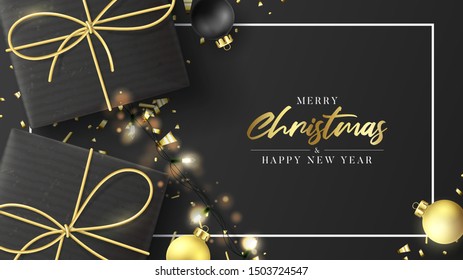 Merry Christmas and Happy New Year card. Holiday background with realistic black gift boxes, sparkling light garlands. Vector illustration with Christmas balls and golden confetti.