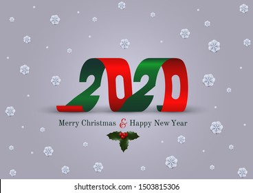 Merry Christmas and Happy New Year 2020 greeting card. Sign symbol 2020 spiral confetti. Decoration New Year's holly. Xmas vector illustration. Isolated on white background.