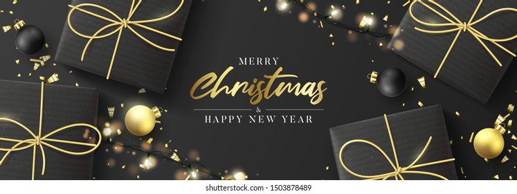 Merry Christmas and Happy New Year banner. Holiday background with realistic black gift boxes, sparkling light garlands. Festive vector illustration with Christmas balls and golden confetti.