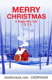 Merry Christmas and Happy new Year, Red House in the Forrest, Winter Background, Snow, Landscape.