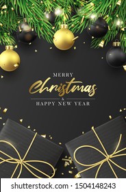 Merry Christmas and Happy New Year poster. Holiday flyer with realistic black gift boxes, sparkling light garlands and fir-tree branches. Vector illustration with Christmas balls and golden confetti.