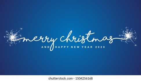 Merry Christmas and Happy New Year 2020 handwritten lettering tipography sparkle firework white blue background