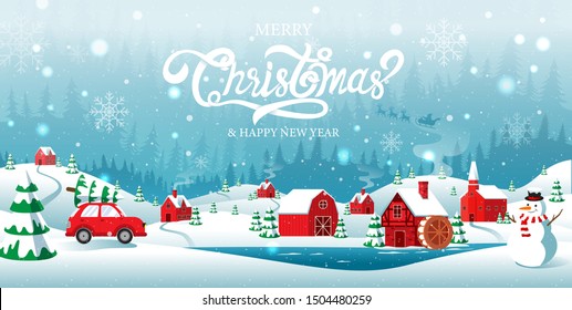 Merry Christmas and Happy new Year, home town in the Forrest, Winter Background, Snow, Landscape.