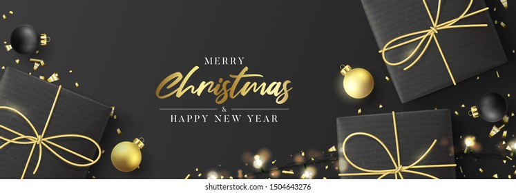 Merry Christmas and Happy New Year horizontal banner. Holiday background with realistic black gift boxes, sparkling light garlands. Vector illustration with Christmas balls and golden confetti.