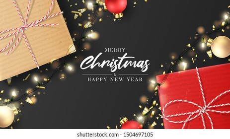 Merry Christmas and Happy New Year card. Holiday background with realistic gift boxes, sparkling light garlands, Christmas balls and golden confetti. Festive vector illustration.