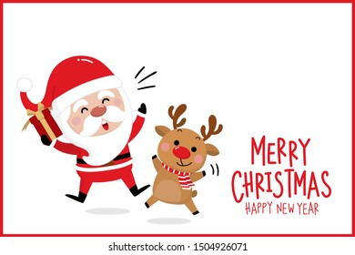 Merry Christmas and happy new year 2020 greeting card with cute Santa Claus and deer. Holiday cartoon character in winter season. -Vector.
