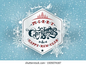 Merry Christmas and happy new year and snowflake sign label, vector illustration