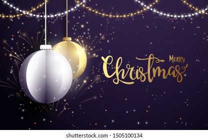 Merry Christmas and Happy New Year banner.White and golden christmas balls with Xmas sparkling lights garland, firework on dark purple background
