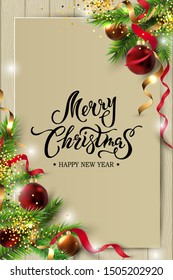 Merry Christmas, Happy New year card with fir-tree branch, red and golden balls. Hand drawn lettering Merry Christmas. Place for text. Vector illustration. Great for sale, greetings, flyers, poster.