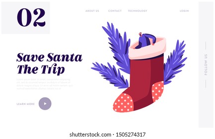 Merry Christmas Happy New Year Website Landing Page. Tiny Male Character in Santa Claus Hat Sitting inside of Huge Xmas Sock for Gifts. Festive Season Web Page Banner. Cartoon Flat Vector Illustration