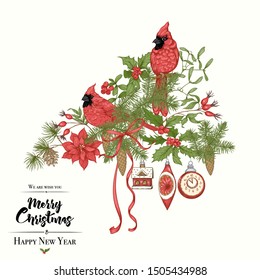 Merry Christmas and Happy New Year greeting card, banner  with traditional winter plants and birds, vintage decoration, red ribbon and. Graphic drawing, engraving style. Vector illustration.	