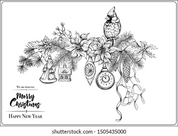 Merry Christmas and Happy New Year greeting card, banner  with traditional winter plants and birds, vintage decoration, ribbon. Graphic drawing, engraving style. Vector illustration.	