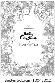 Merry Christmas and Happy New Year card, banner with traditional winter plants and birds, decoration, ribbon. Coloring page for the adult coloring book. Outline hand drawing vector illustration.	