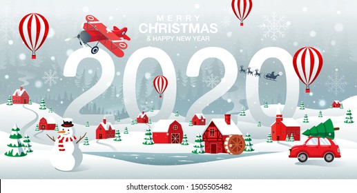 Merry Christmas And Happy New Year 2020, Home Town In The Forrest, Winter Background, Snow, Landscape.