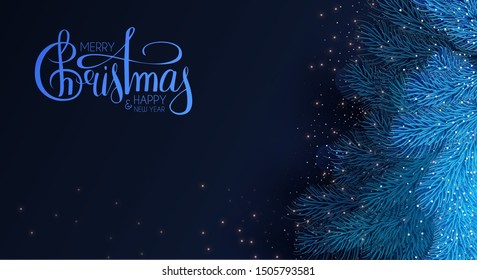 Merry Christmas and Happy New Year! Holiday background with lettering, fir tree branches and lights.