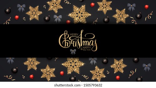 Merry Christmas and Happy New Year! Elegant holiday decoration with gold snowflakes, red and black balls, bows and lettering.