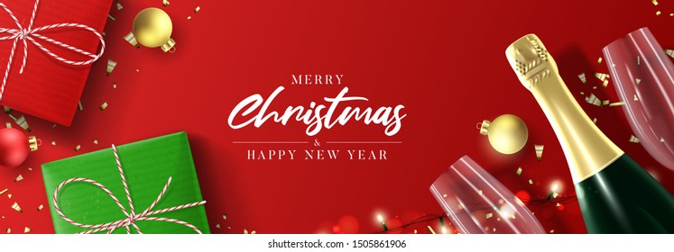Merry Christmas and Happy New Year card. Holiday background with realistic gift boxes, sparkling light garlands, balls and confetti. Festive vector illustration with champagne bottle and glasses.