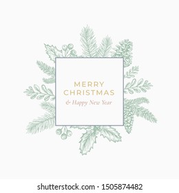 Merry Christmas and Happy New Year Abstract Botanical Card with Square Frame Banner and Modern Typography. Green and Pink Pastel Colors Greeting Layout. Isolated.