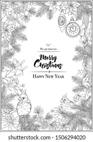 Merry Christmas and Happy New Year card, banner with traditional winter plants and birds, decoration, ribbon. Coloring page for the adult coloring book. Outline hand drawing vector illustration.	