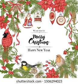 Merry Christmas and Happy New Year greeting card, banner  with traditional winter plants and birds, vintage decoration, red ribbon and. Graphic drawing, engraving style. Vector illustration.	