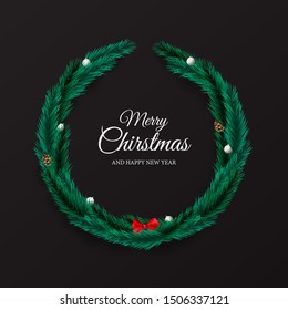 Merry Christmas and Happy New Year. Christmas greeting card in black background with decoration.