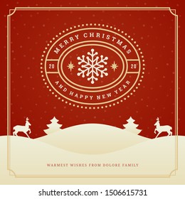 Merry christmas and happy new year text greeting card vintage typographic design, ornate decoration with reindeers, winter holidays wish, ornament and frame. Vector illustration.