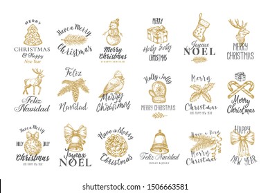 Merry Christmas and Happy New Year Abstract Vector Signs, Labels or Logo Templates Collection. Hand Drawn Holiday Symbol Sketches with Retro Typography. Isolated.