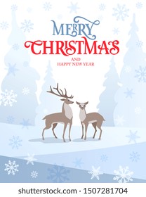 Merry Christmas and Happy New Year  typography vector design for greeting cards and poster. Calligraphic handmade lettering. Winter landscape. Deer in the forest in winter. Vector illustration.