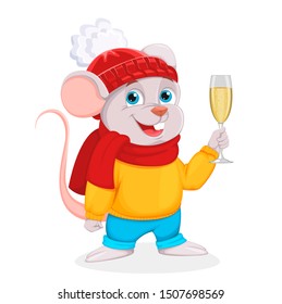 Merry Christmas and Happy New Year. Funny cartoon character mouse holds a glass of champagne. Vector illustration on white background. 