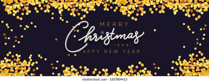 Merry Christmas and Happy New Year horizontal banner with golden confetti, glitter on black background, vector illustration